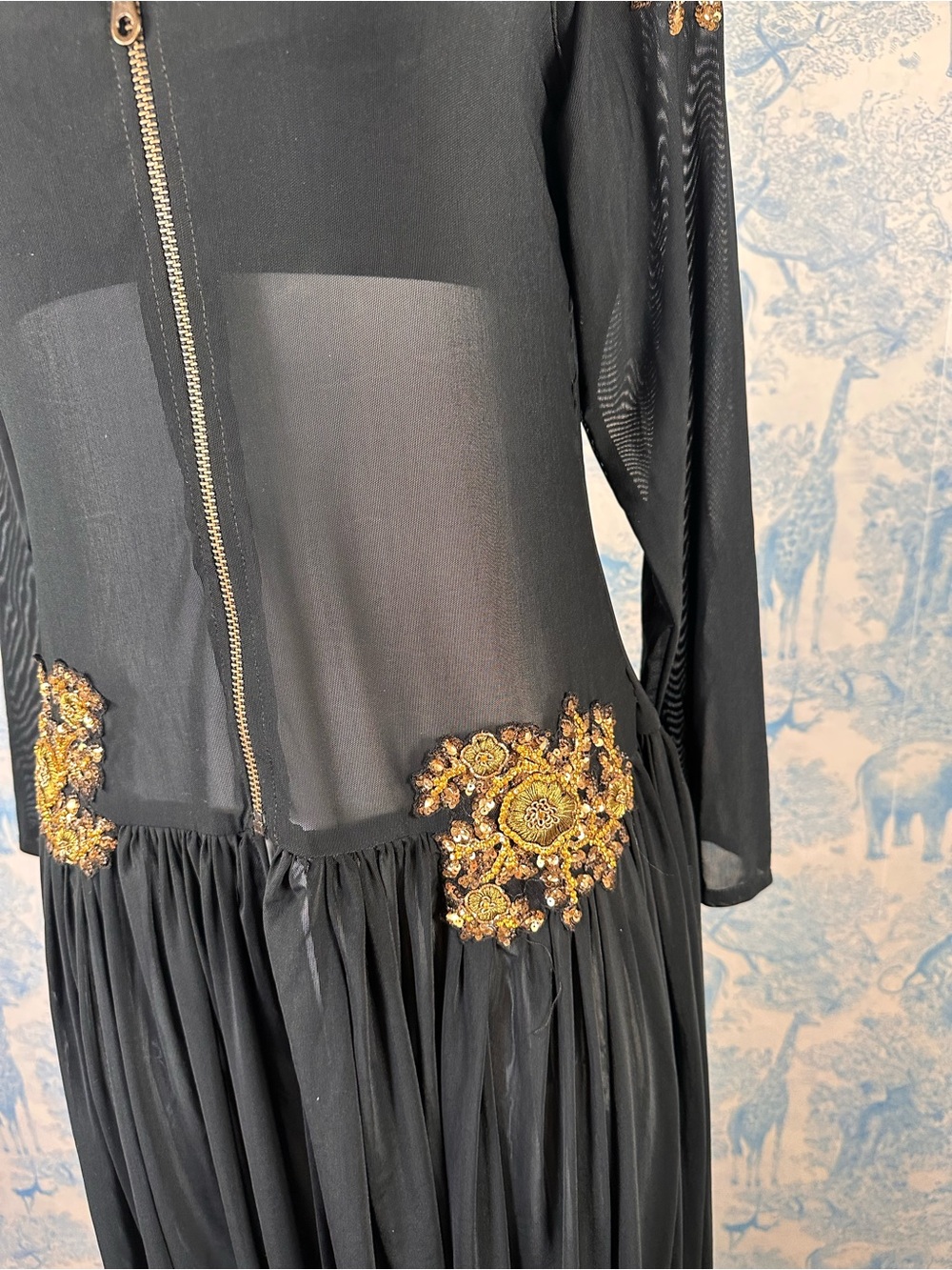 Vintage Black Mesh Zip-Front Maxi duster with Gold Appliqué - Picture 4 of 5